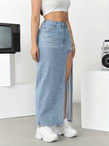 Women's Plain Simple Slit Denim Skirt, Everyday Wear - Light Wash - View 2