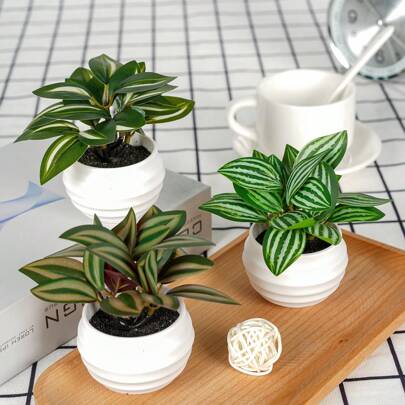 Set de 3 macetas con plantas artificiales blancas, mini plantas de eucalipto artificial en maceta, sin mantenimiento, adecuadas para oficinas interiores del hogar, casas de campo, baños, decoración de mesa de comedor, pequeñas plantas en maceta de césped artificial verde, decoración primaveral del hogar [con macetas]