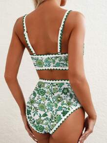 Women 2-Piece Bikini Swimsuits Floral Print U-Neck Bra And High Waist Briefs Sets For Summer Beachwear Bathing Suit - màu xanh lá - Xem 4