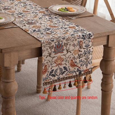 1pc Jacquard Woven Floral & Bird Magpie Pattern Table Runner With Tassels, Tassel Color And Quantity Are Random