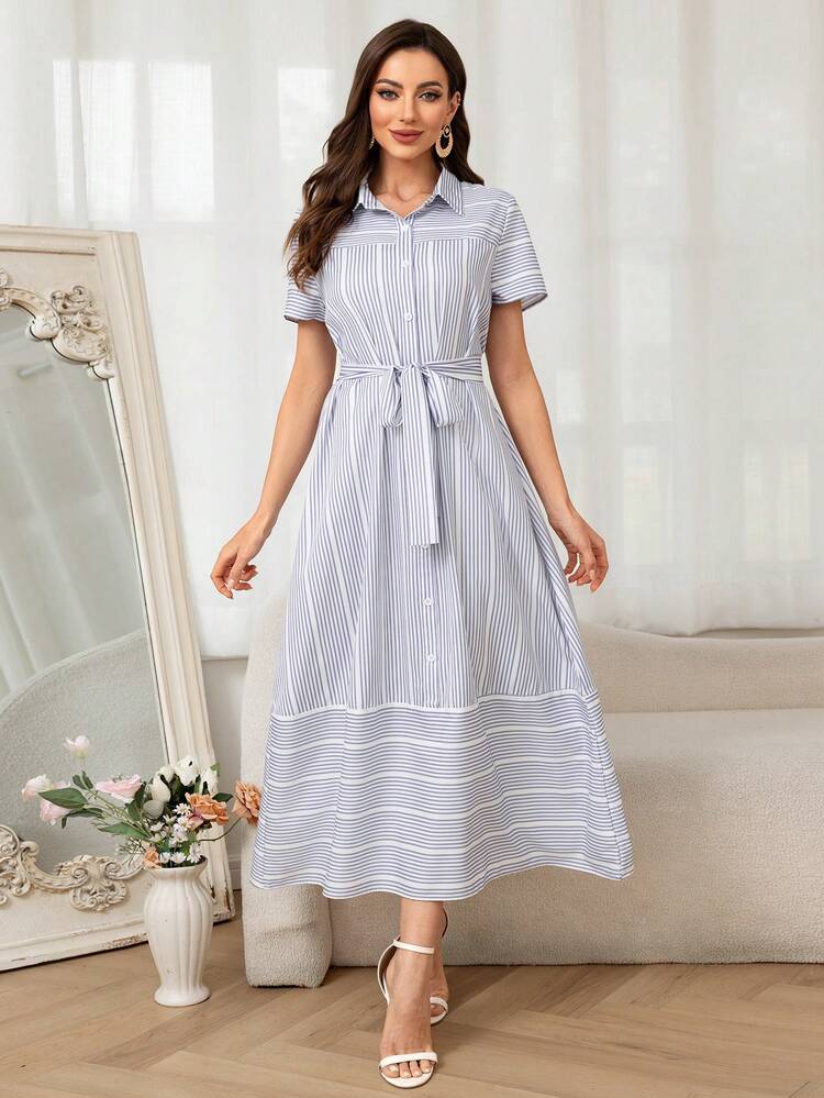 Women's Summer Casual Simple Striped Short Sleeve Shirt Dress - Blue and White - View 3
