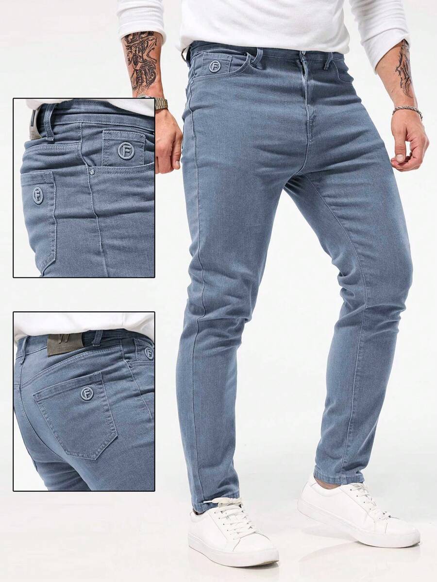 Jeans Masculina Slim Fit de Perna Reta de Cor Sólida, Calça Casual Versátil e da Moda - Cinza - Visão 1