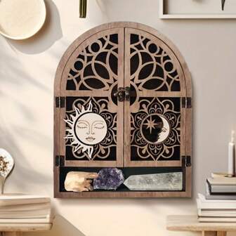 Vintage Wooden Crystal Display Cabinet With Sun And Moon Design, Wall-Mounted Gemstone Showcase, Neutral Style Storage For Stones, Nail Polish, And Essential Oils, With Edge Paint, For No Power Required,Wall Decor, Boho Meditation Home Decor, Perfect Gift For Halloween, Thanksgiving, Christmas, New Year
