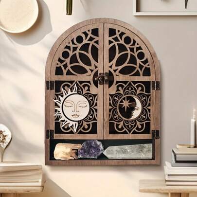 Vintage Wooden Crystal Display Cabinet With Sun And Moon Design, Wall-Mounted Gemstone Showcase, Neutral Style Storage For Stones, Nail Polish, And Essential Oils, With Edge Paint, For No Power Required,Wall Decor, Boho Meditation Home Decor, Perfect Gift For Halloween, Thanksgiving, Christmas, New Year