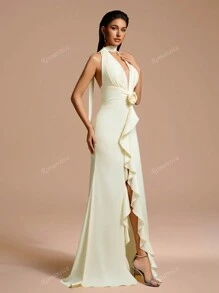 Vestido largo maxi elegante de unicolor con cuello en V profundo y abertura, con corbata de moño y volantes, detalle floral en la cintura, adecuado para ocasiones formales, bodas y fiestas