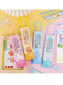 1set Cartoon Stationery Set, (Pencil, Eraser, Ruler, Pencil Sharpener), Portable School Supplies, Gifts, Giveaways Ruler, Pencil Sharpener, Cute Packaging, 5-In-1 Handheld Design, Back To School,Perfect For School, Student Rewards, Party Favors