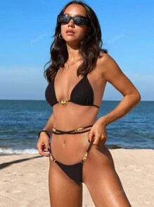 Conjunto de bikini de mujer con copas triangulares, amarre, acabado metálico con cuentas, para verano y vacaciones en la playa