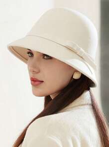 1pc Spring Autumn Bowknot French Lady Elegant Classy Cap, Solid Color Casual Versatile Wide Brim Hat, Autumn/Winter Warm Bucket Hat, Suitable For Parties, Daily Wear, Photos - A - View 1