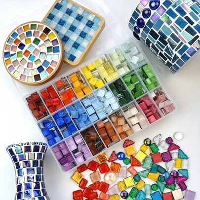 1 Set Mosaic Making Kit, 1 Base Plate & 100pcs Mosaic Tiles, Includes Circular & Square Bamboo/Wood Trays, DIY Craft Materials Suitable For Party, Holiday Making