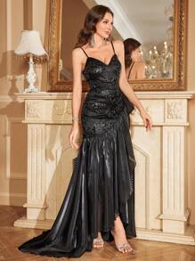 yanchunxier Women's Off-Shoulder Adjustable Strap Dress, Featuring Butterfly Sequin Satin Patchwork V-Neck, Extra Long Waist Pleated Ruched Design, Asymmetrical Hem With Shiny Mesh Ruffle, Suitable For Wedding/Party/Holiday/Cocktail