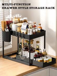 1 pièce Étagère de rangement de cuisine à double couche noire/blanche, organisateur d'évier, boîte de rangement pour ustensiles de cuisine, boîte de rangement pour condiments, étagère de rangement à tiroirs multi-compartiments, convient pour la cuisine, la salle de bain, les tasses, les tasses à café, les cosmétiques, boîte de rangement polyvalente pour la maison