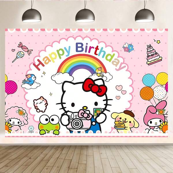 Sanrio 1 pezzo Striscione per festa di compleanno di Hello Kitty di Sanrio - Sfondo di compleanno felice con gatto kawaii carino, decorazioni per feste, telo da parete per sala delle feste, accessori studio, 210 x 150 cm / 150 x 100 cm / 100 x 75 cm