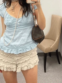 Women Y2k Button Shirt E-Girls Short Sleeve T Shirt Cute Babydoll Tee Fairy Lace Trimmed Patchwork Top 90s Vintage Blouse - 淺藍色 - 查看 2