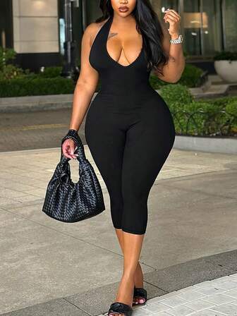 Women's Fashionable Backless Camisole Jumpsuit, Slim Fit Sexy Street Style Casual Sportswear, Spring/Summer