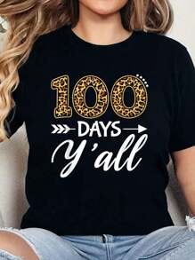 100% Cotton 100 Days Y'all Teacher Or Student 100th Day Of School T-Shirt Print Round Neck Short Sleeve T-Shirt For Women Casual, Summer, Women Top Graphic Tees Women Tops