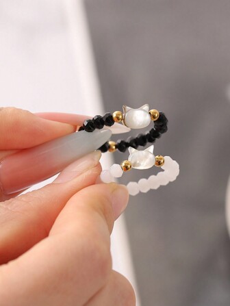 2pcs Natural Moonstone Obsidian Rings Beads Minimalist Fidget Ring Handmade Cute Black White Cat Ring Children Party Accessories Jewelry
