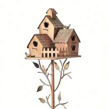 1pcs  Metal Bird House Pile - Rustic Hummingbird House With Rod Imitation Old Metal Art House Garden Decoration Ground Insertion Unique Garden Accent - 米色 - 查看 1