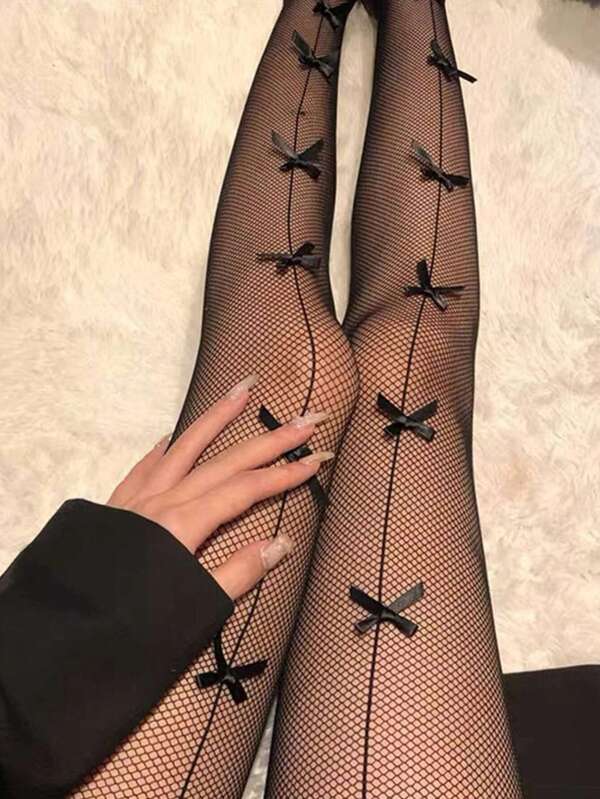 1pc Bow Decor Fishnet Tights, Bow Detail Fishnet Stockings, Sexy Black Hollow Out Butterfly Mesh Tights