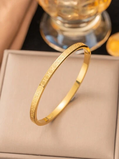 1件装不锈钢立方氧化锆镂空贝壳鱼尾开口手镯，轻盈奢华复古简约百搭休闲/派对佩戴，女士