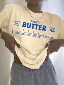 Letras de "mantequilla", tutorial de mantequilla, tutorial de hacer comida, camiseta casual cómoda con patrón de letras sencillo - Caqui - Ver 2