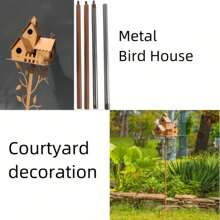1pcs  Metal Bird House Pile - Rustic Hummingbird House With Rod Imitation Old Metal Art House Garden Decoration Ground Insertion Unique Garden Accent - 米色 - 查看 5