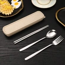 不鏽鋼韓式餐具，便攜式學生餐具組，304不鏽鋼材質，附收納盒便攜金屬餐具組，適用於上班族、學生、旅行者，辦公室、學校、野餐、露營，生日節日禮物 - 銀黑 - 查看 18