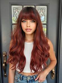 22 Inch Brown Long Curly Synthetic Wig With Bangs Dark Roots For Women Daily Cosplay Party Wig - Brown - View 2