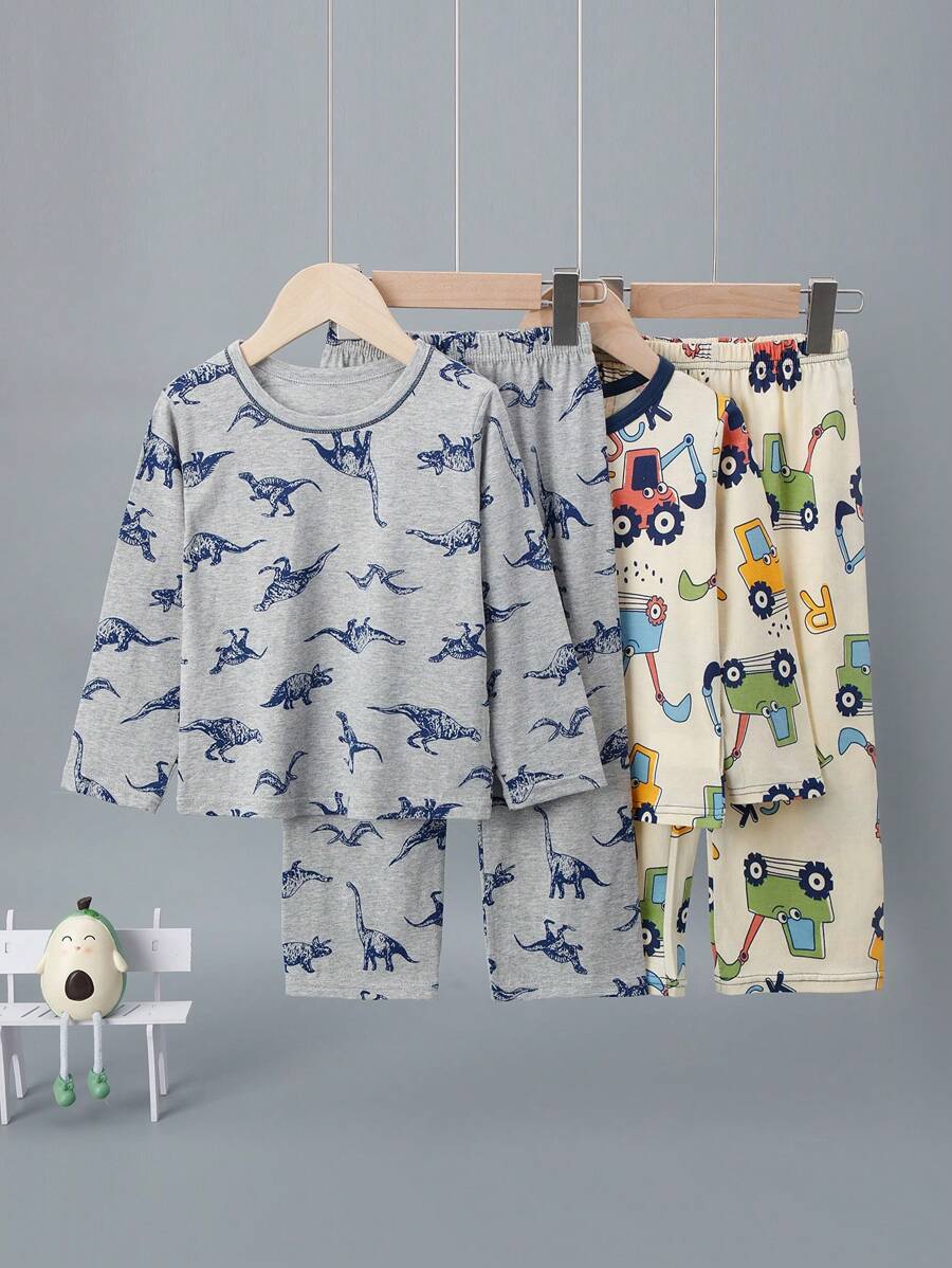 4pcs Young Boys Dinosaur & Excavator Print Long Sleeve Pajamas Set, Lightweight Spring/Autumn Loungewear - Multicolor - View 1