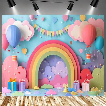 彩色花卉和彩虹拱门相框背景 - 带有热气球和蜂窝设计的摄影背景，适合派对、家居装饰等