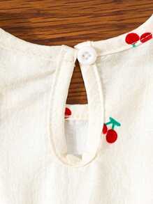 Baby Girls Ruffle Hem Cherry Print Bubble Ruche Short Sleeve Sweet Dress With Headscarf, Suitable For Outdoor Vacation, Photoshoot, Casual