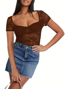 Women Summer See Through Slim Crop Tops Short Sleeve Low Cut Sheer Lace Floral Club T-Shirt