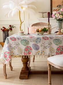 1pc Bohemian Colorful Floral Tasseled Tablecloth, 3D Bamboo Pattern, Rectangular Dining Table/Coffee Table Cover, Washable, Home Decor For Kitchen, Dining Room, Picnic, Camping, BBQ, Holidays, Parties - Multicolor - View 1