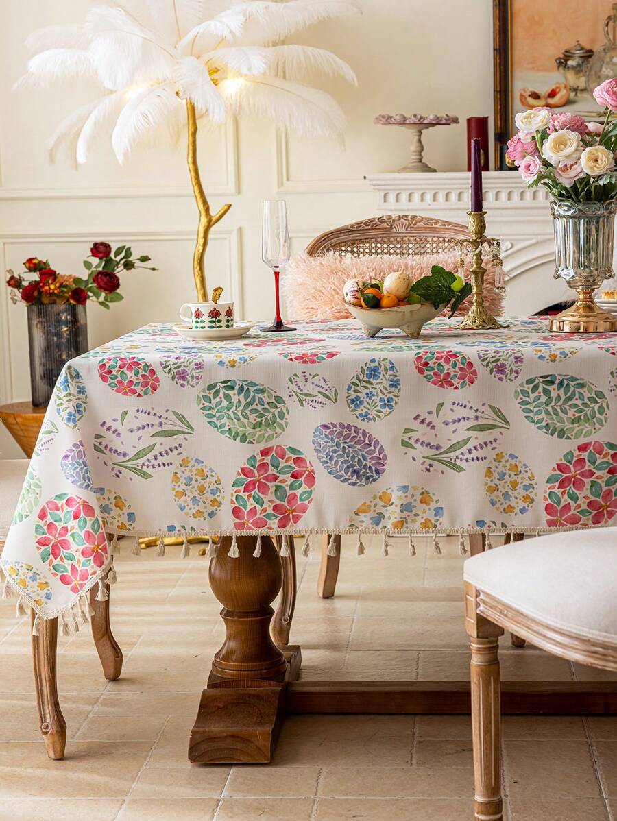 1pc Bohemian Colorful Floral Tasseled Tablecloth, 3D Bamboo Pattern, Rectangular Dining Table/Coffee Table Cover, Washable, Home Decor For Kitchen, Dining Room, Picnic, Camping, BBQ, Holidays, Parties - Multicolor - View 1