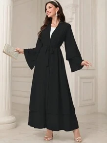 简约伊斯兰长袍，无头巾，长袖前开式休闲朴素穆斯林女式连衣裙 - 黑色 - 查看 7