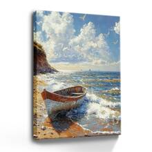 Wrapped Framed Canvas Vintage Wall Art Print Serene Beachscape With Boat - Artful Home Decor For Living Room, Bedroom, Bathroom, Office