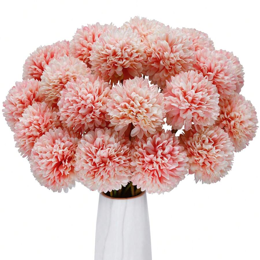 VIKINGS PANDA 24 Pcs Mini Artificial Chrysanthemum Ball Flowers Bulk 12", Fake Mums, Faux Silk Flowers With Stems For Home Door Indoor Arrangements Wedding Bouquets Centerpieces - hồng đậm - Xem 1