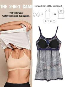 Built In Bra Padded Women Camisole Cami Vest Plus Size 2 In 1 Push Up Tank Tops Summer Beach Flowy Swing Casual Loose Fit Blouse Top Shelf Bra Spaghetti Strap S To 4XL - Floral Printed - 查看 3