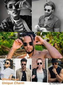 Classic Retro Hip Hop Circular Polarized Glasses, Men's Metal Fashion Glasses Casual Fashion Glasses Accessories, Suitable For Vacation Travel, Driving, Fishing, Beach Party, Music Festival, Costume Play Decorative Props, Ideal For Own Use Or Gift. For Summer Beach Vacation,Outdoor,Travel - Clear - View 2