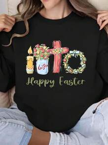 Happy Easter Print Hooded Sweatshirt - Stylish Casual Hoodie For Women With Comfortable Fit And Versatile Design - Black - View 1
