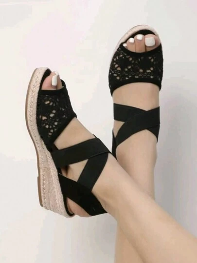 Sandales compensées à lanière croisée avec détail de corde, chaussures mode femme