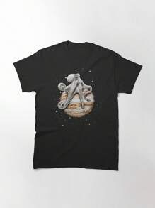 Celestial Cephalopod Classic T-Shirt, Women's T-Shirt, 220g Pure Cotton, Casual Crew Neck, Ideal For Relaxed Days And Casual Outings. - 黑色 - 查看 1