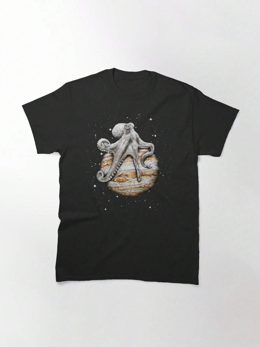 Celestial Cephalopod Classic T-Shirt, Women's T-Shirt, 220g Pure Cotton, Casual Crew Neck, Ideal For Relaxed Days And Casual Outings. - 黑色 - 查看 1