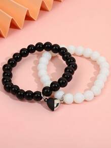2 pièces Bracelets couples magnétiques à forme de cœur , noir et blanc, convenant aux adolescents, garçons et filles, pour un port quotidien, des fêtes, idéal comme cadeau pour la Saint-Valentin, l'anniversaire, les jours fériés - Taille Unique - Voir 3