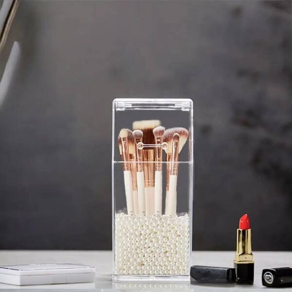 1pc Makeup Brush Holder With Cover - Dustproof Tabletop Cosmetic Storage Box, Bathroom Accessories Organizer