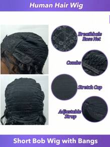 Perucas Bob de Onda Solta com Franja, Cabelo Humano Sem Renda Frontal, Perucas Bob de Onda Natural,10-16 Polegadas, Perucas Bob Curtas com Franja, Perucas Feitas à Máquina Sem Cola, Densidade de 150%, Cabelo Humano Natural Preto para Mulheres