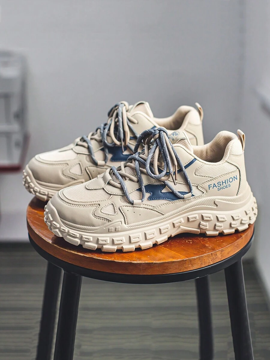 适合青少年男孩的品牌休闲运动鞋，橡胶鞋底增高，街头运动复古厚底运动鞋 - 米色 - 查看 1