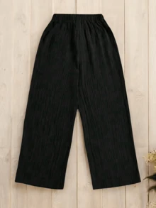 Pantalón Pierna Ancha Corrugado Suelto con Cintura Ajustable ideal para Primavera Verano.  Unicolor.  Ropa de Mujer. - Negro - Ver 2