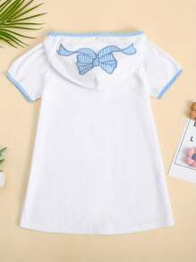 1-6 Years Kid Swim Coverups Bow Toddler Baby Boy Girl Terry Swimsuit Bow Elephant Embroidery Short Sleeve Hooded Terry Cloth Robe Zip-Up Towel Beachwear Beach Pool Bathing Suit Bathrobe Cover Ups - 藍色 - 查看 2