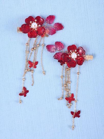 2个中国风石榴花发夹，带流苏，可爱甜美设计，女士礼物，适合日常休闲佩戴，发夹，发卡，上学用品，度假装扮，女士发饰