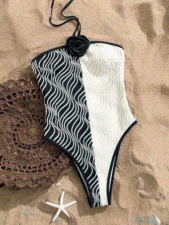 Black & White Patchwork Sexy One-Piece Swimsuit, For Summer Beach Vacation